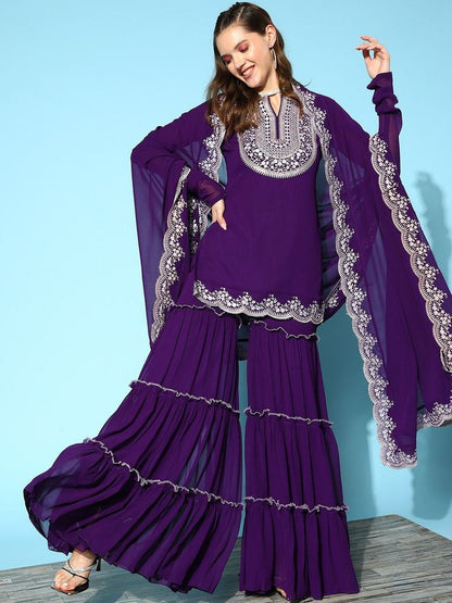 Dhiyona KL Women Ethnic Motifs Embroidered Regular Thread Work Kurta with Sharara & With Dupatta