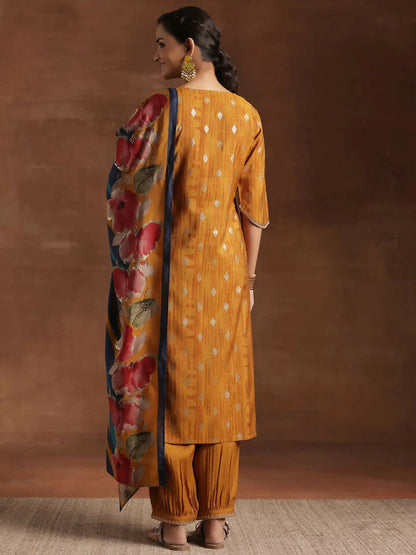 Women's LB Mustard Woven Design Silk Blend Straight Suit With Dupatta