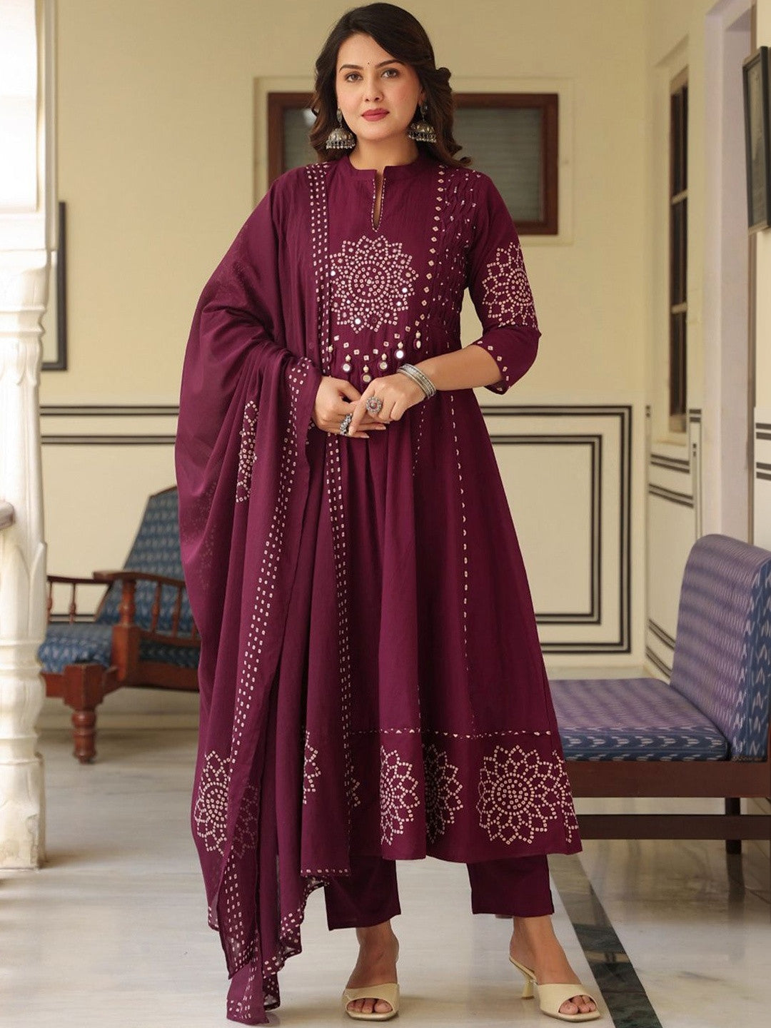 Women Ethnic Motifs Printed Empire Mirror Work Pure Cotton Kurta with Trousers & With Dupatta