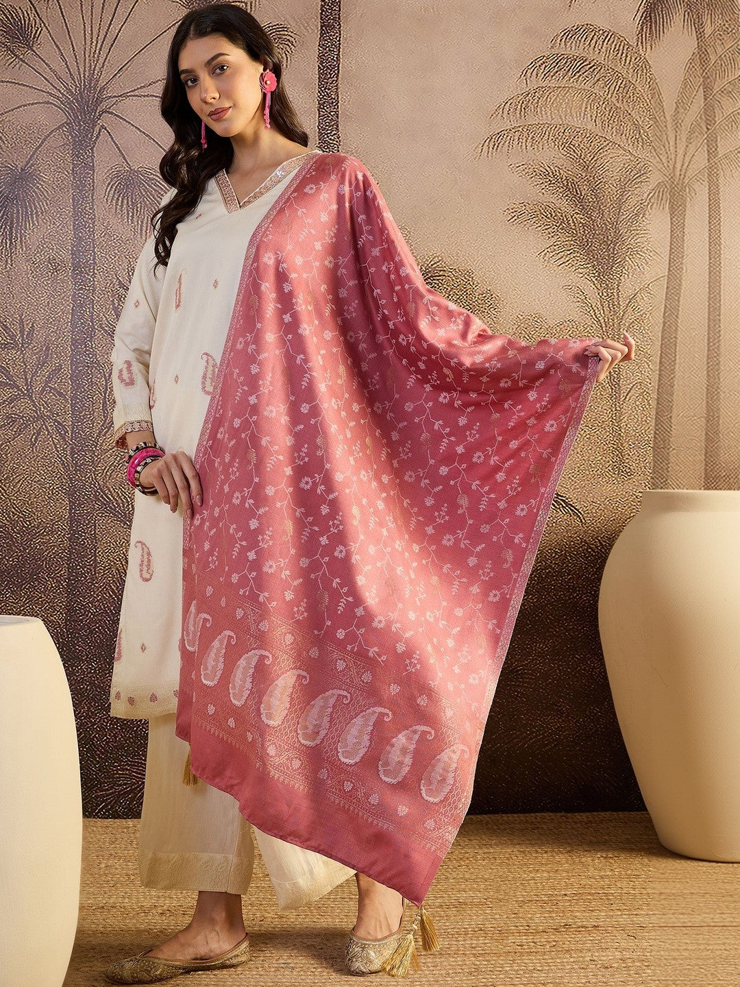 Woven Design V-Neck Straight Kurta With Trousers & Dupatta