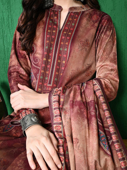 Paisley Printed Winter Velvet Straight Kurta & Trouser With Dupatta