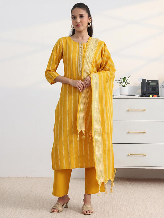 Libas Yellow Woven Striped Straight Suit Set with Dupatta
