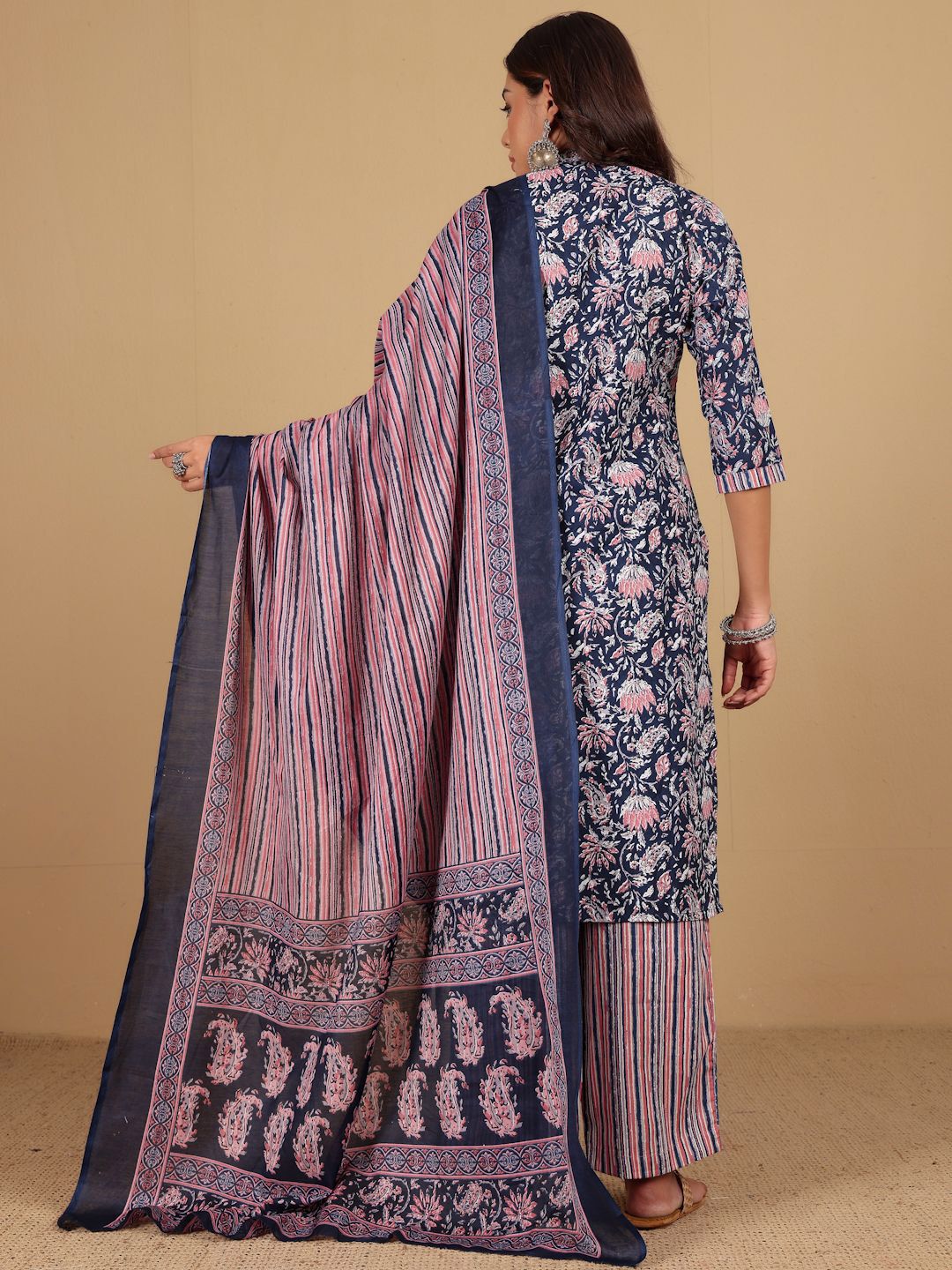 Navy Blue Women Floral Printed Straight Kurta with Palazzo & Dupatta