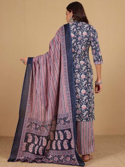 Navy Blue Women Floral Printed Straight Kurta with Palazzo & Dupatta
