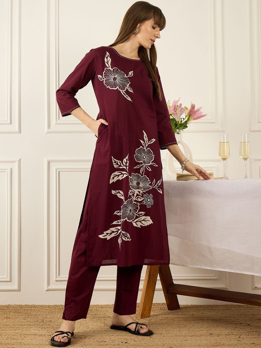 Dhiyona IE Printed Round Neck Three-Quarter Sleeves Pure Cotton Top With Trousers