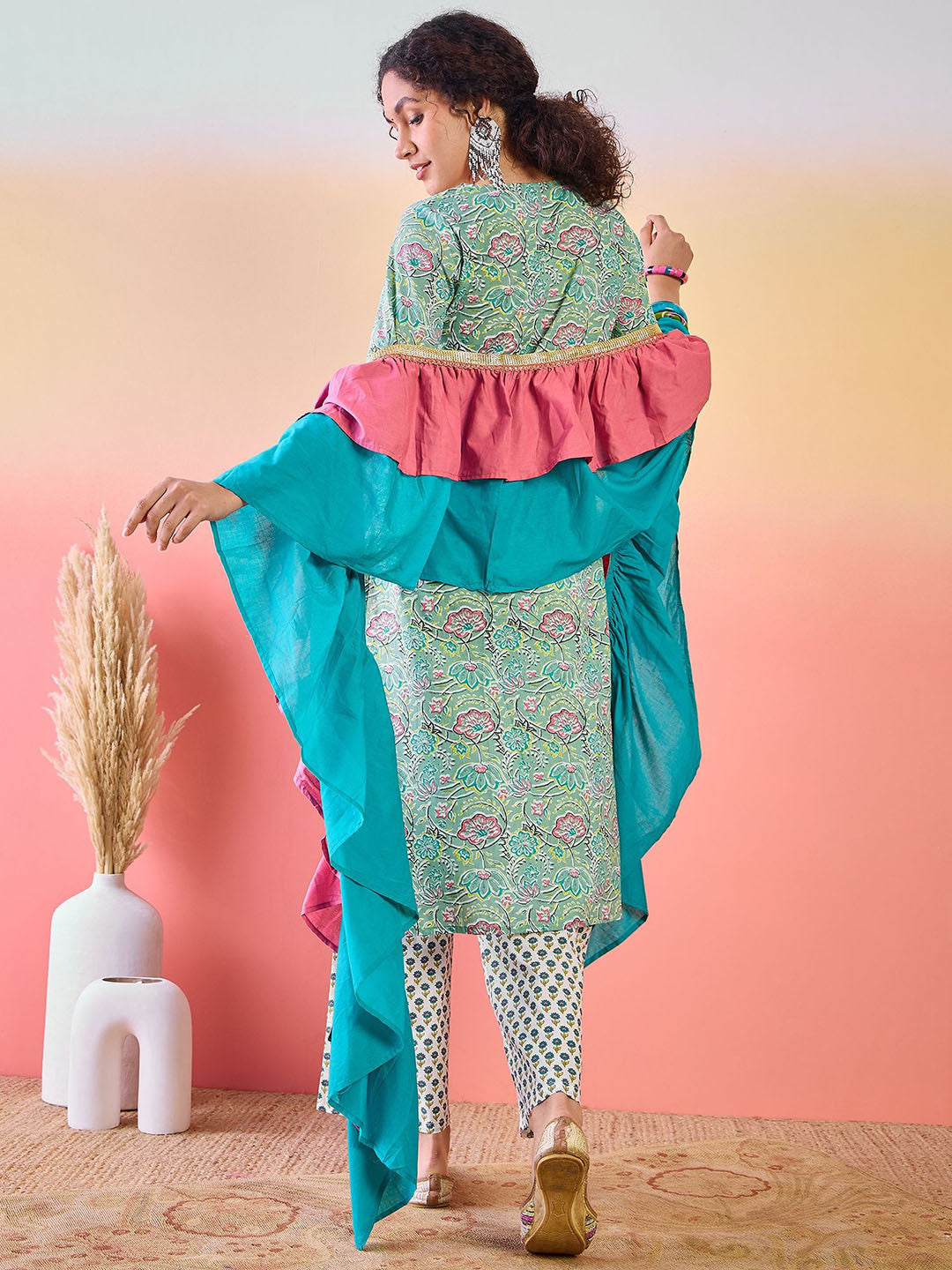 Floral Printed Notch Neck Pure cotton Kurta With Palazzos And Dupatta