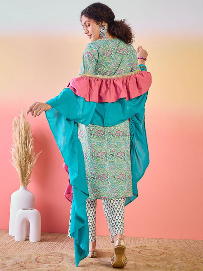 Floral Printed Notch Neck Pure cotton Kurta With Palazzos And Dupatta