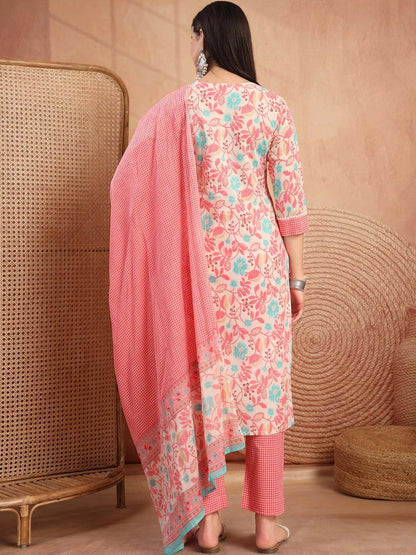 Women Floral Printed Regular Pure Cotton Kurta with Trousers & With Dupatta