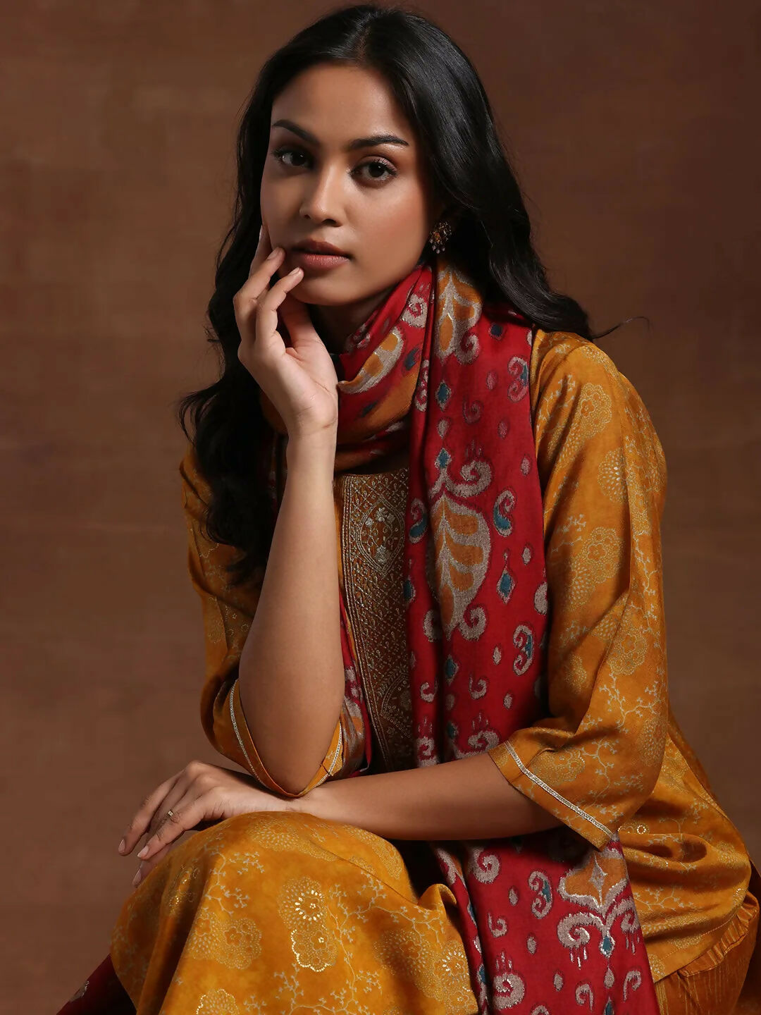 Women's LB Mustard Printed Silk Blend Straight Suit With Dupatta