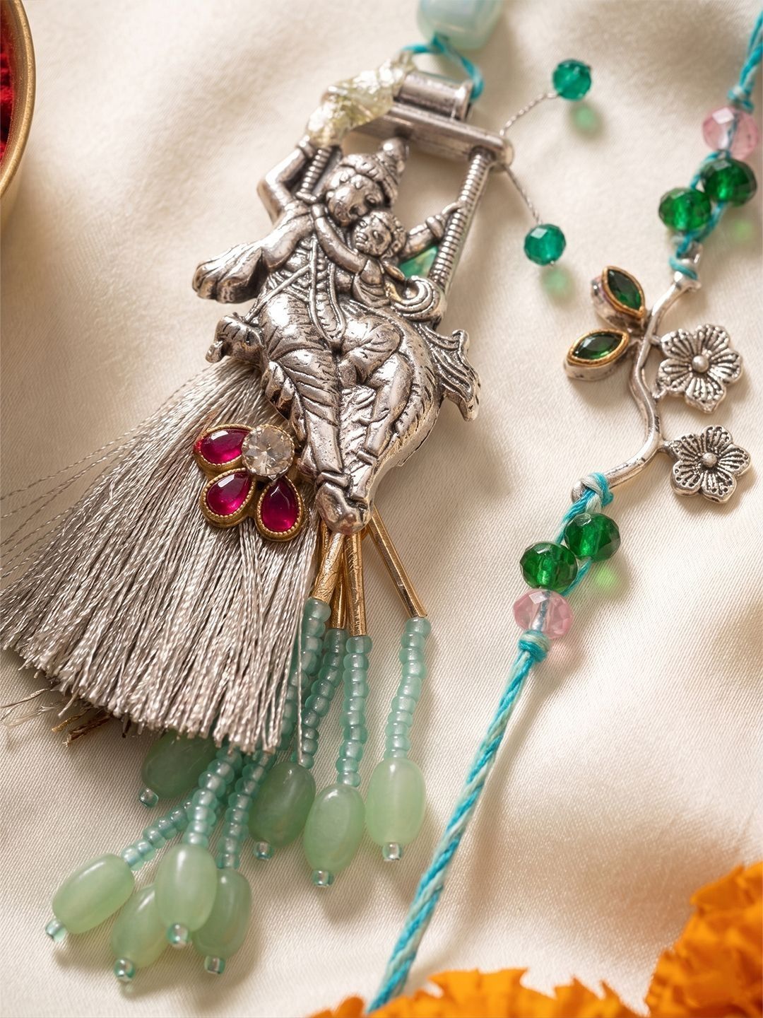 Dhiyona Set Of 2 Designer Religious Silver Toned Bhaiya Bhabhi Rakhi