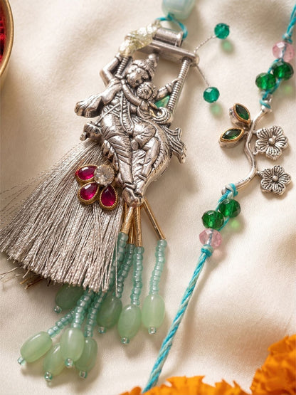 Dhiyona Set Of 2 Designer Religious Silver Toned Bhaiya Bhabhi Rakhi
