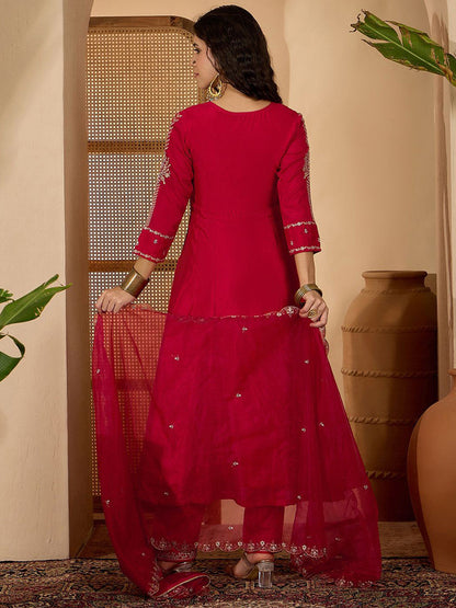 Women Zari Sequence Embroidered A-Line Kurta & Trousers With Dupatta