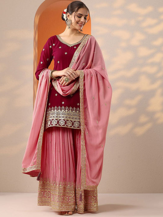 Dhiyona LL Floral Embroidered Georgette Sweetheart Neck Zari Kurti & Sharara & Dupatta