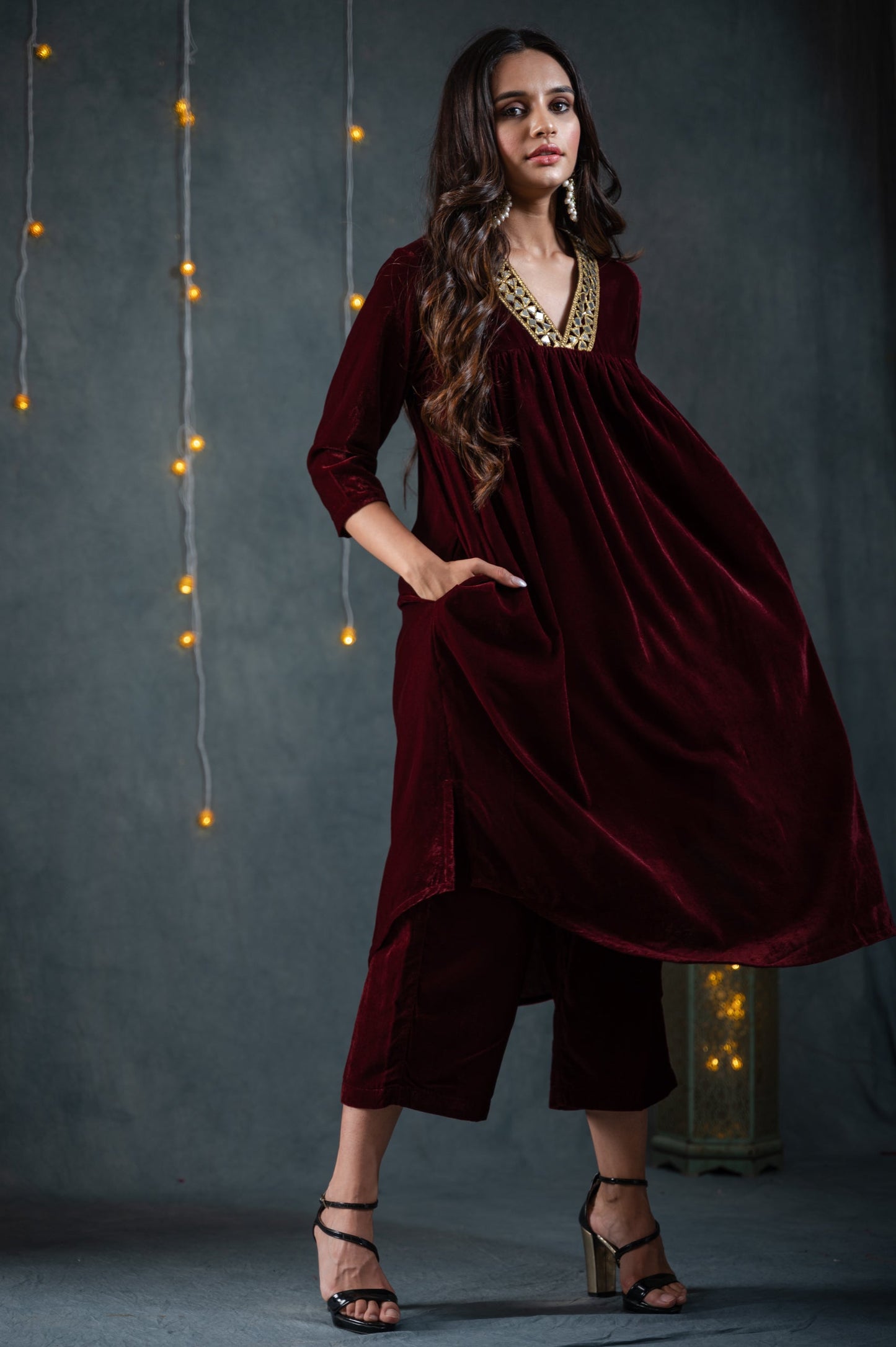 Dhiyona ST Women's Burgundy Velvet Kurta with Mirror Lace and Pants 2 Piece Set | Straight Fit, V Neck, 3/4 Sleeves, Pants, Festive Wear, (Velvet)