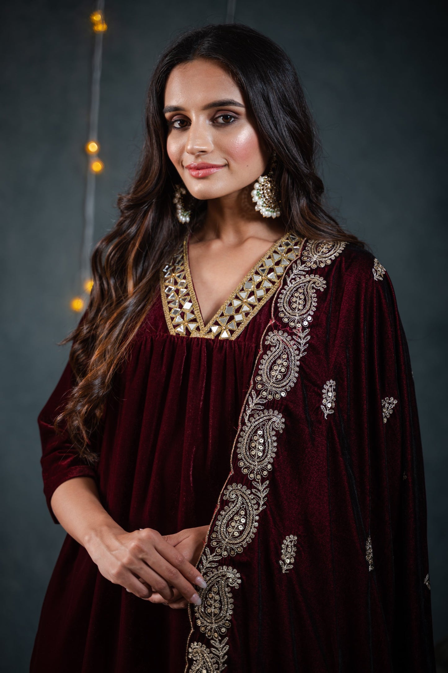 Dhiyona ST Women's Burgundy Velvet Kurta with Mirror Lace and Pants 2 Piece Set | Straight Fit, V Neck, 3/4 Sleeves, Pants, Festive Wear, (Velvet)