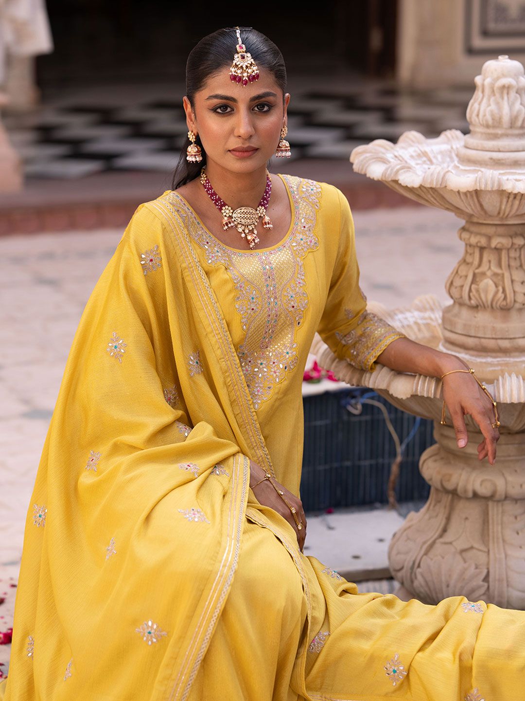 Dhiyona CH Women Ethnic Motifs Embroidered Anarkali Kurta with Trousers & Dupatta