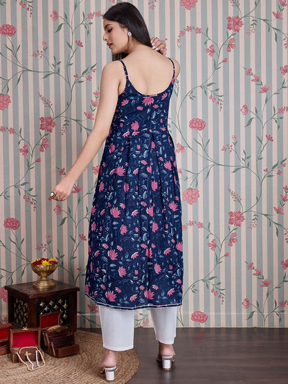Dhiyona OD  Floral Printed Shoulder Straps Anarkali Pure Cotton Kurta