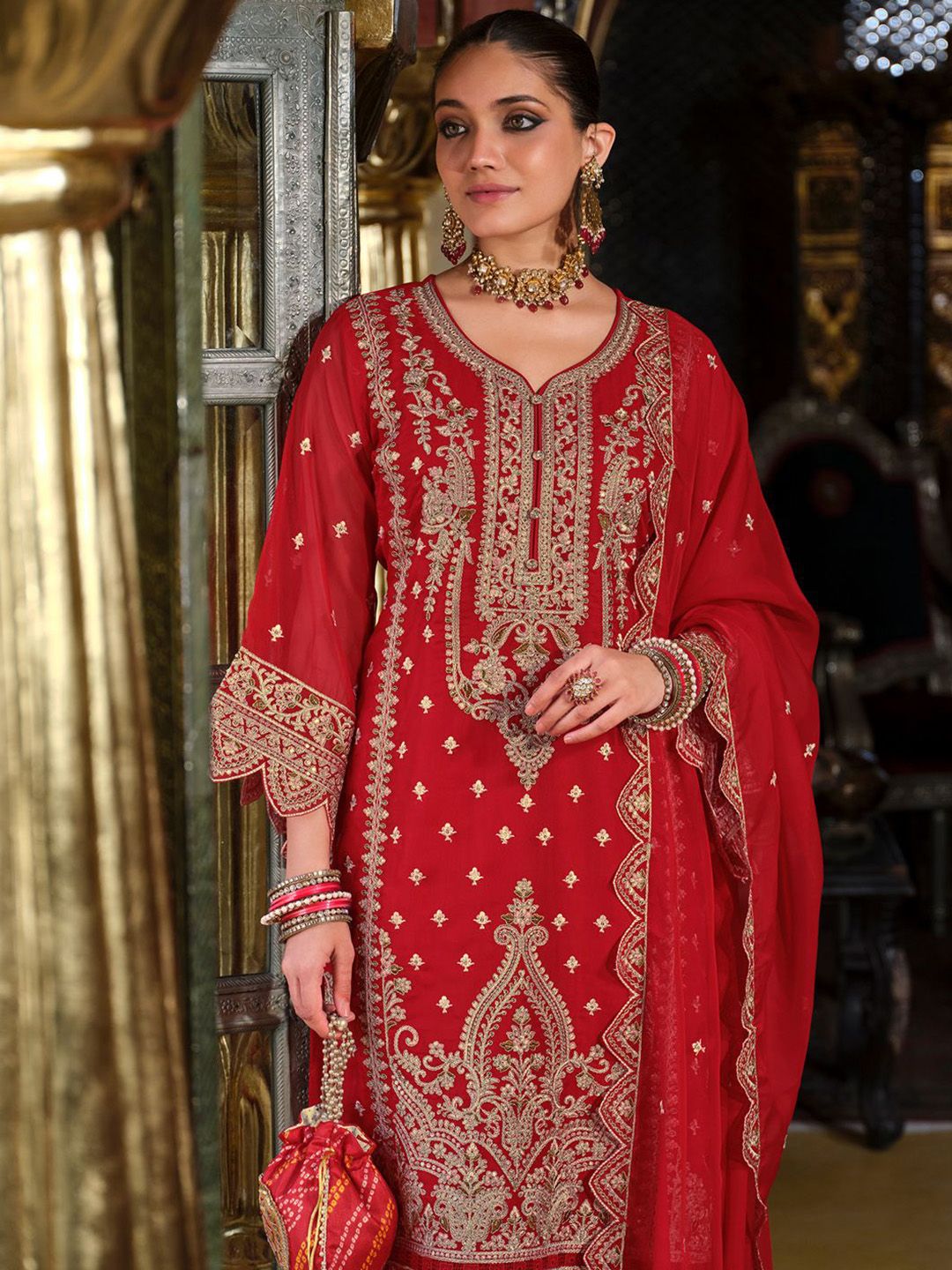 Ethnic Motifs Embroidered Sequinned Kurta with Trousers & Dupatta