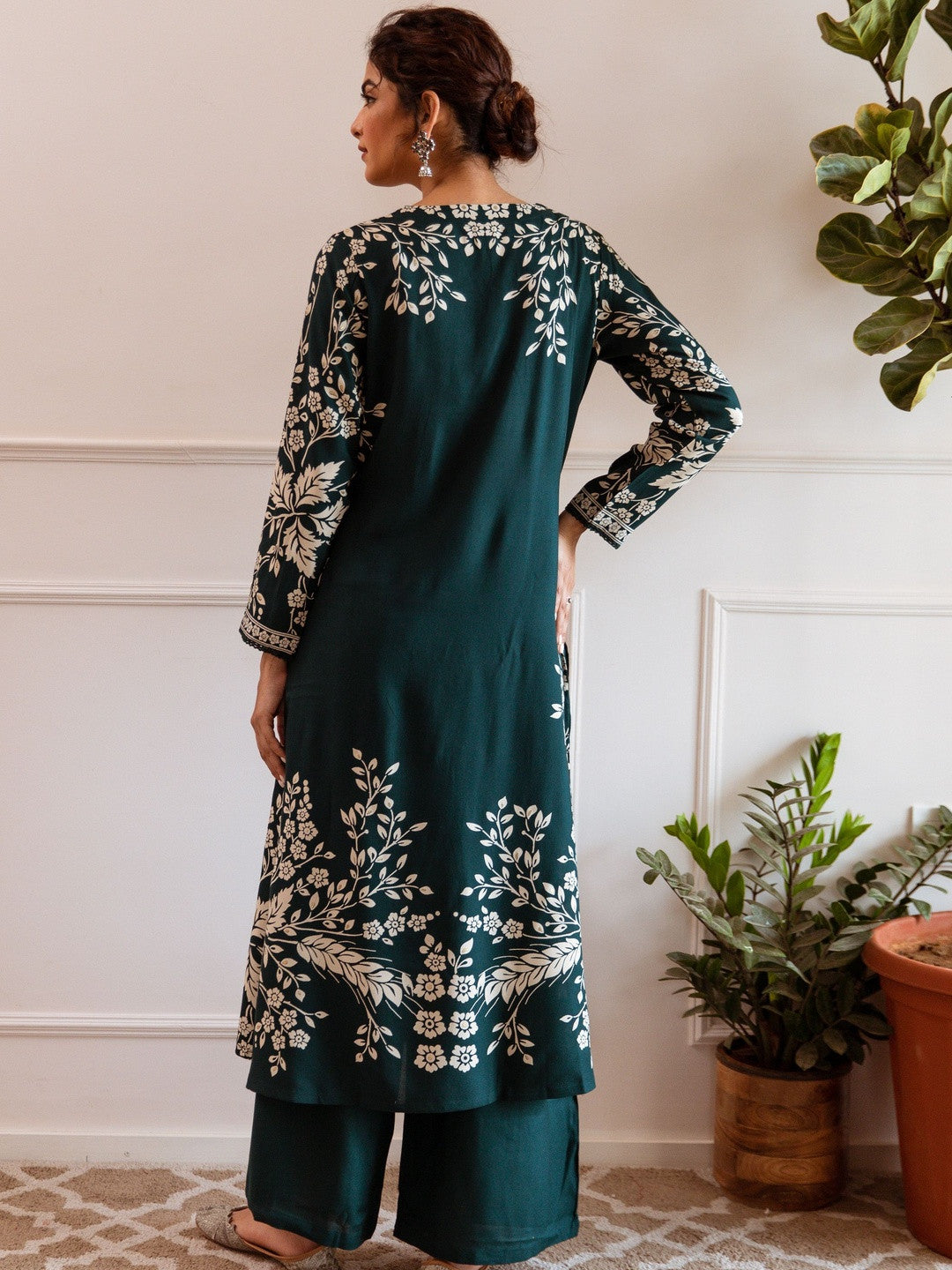 Embroidered & Printed V-Neck Kurta & Palazzos
