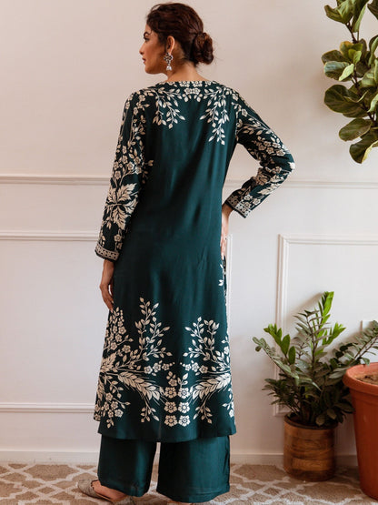 Embroidered & Printed V-Neck Kurta & Palazzos