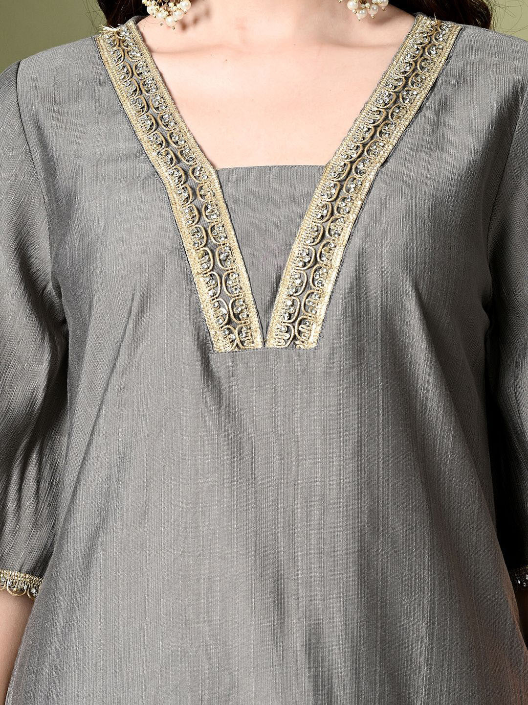 Grey Ethnic Motifs Yoke Design Beads & Stones A-Line Fusion Kurta Set