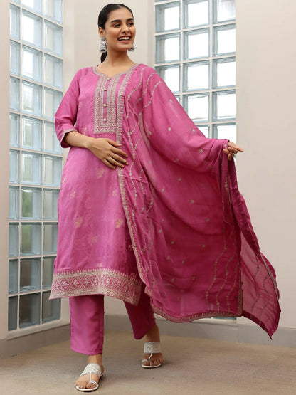 Women's LB Mauve Woven Design Silk Blend Straight Suit With Dupatta