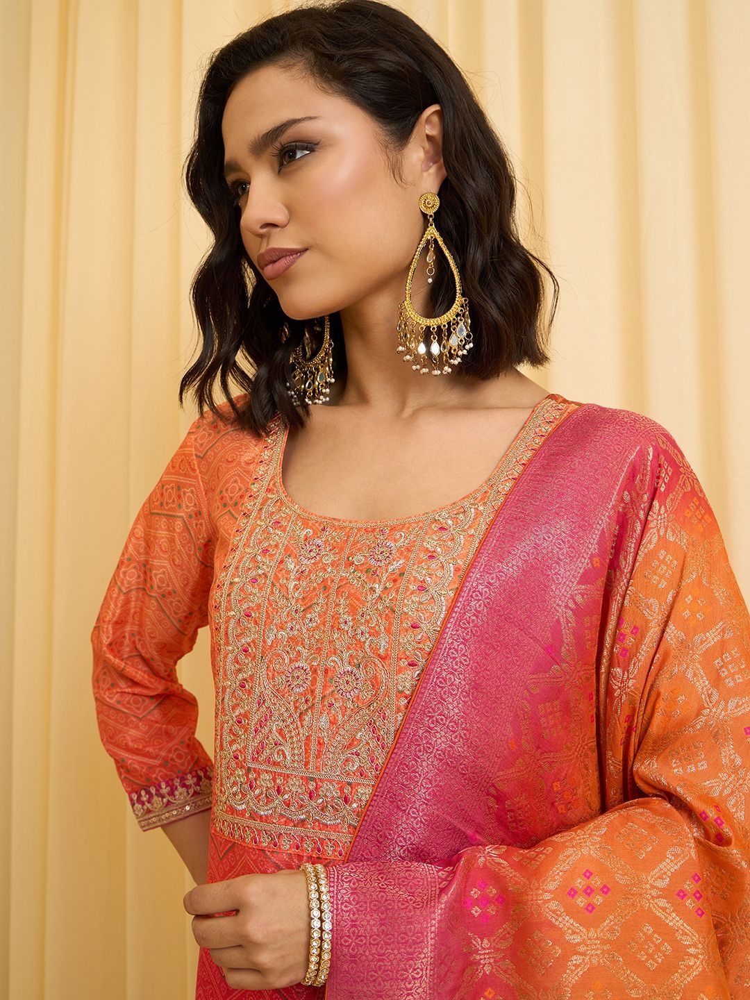 Dhiyona CH Women Ethnic Motifs Embroidered Regular Thread Work Kurta with Palazzos & With Dupatta