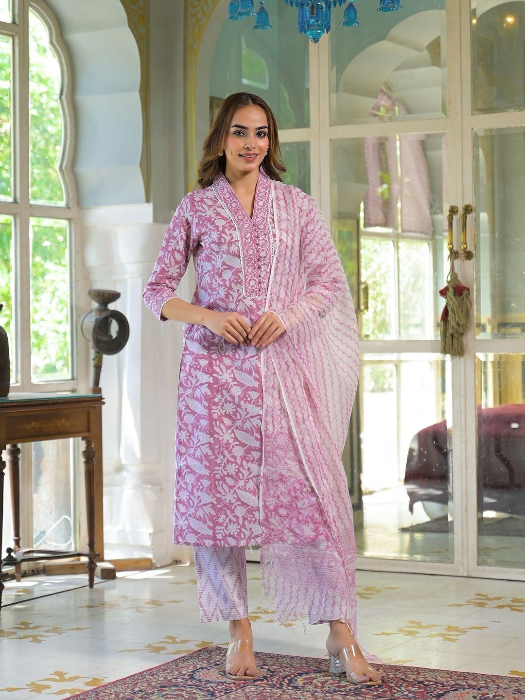 Dhiyona KL Women Pink Pure Cotton Kurta With Trousers & Dupatta