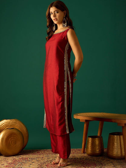 Red Women Regular Sequinned Kurta with Trousers
