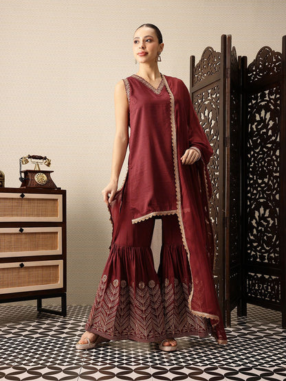 Dhiyona HOP Embroidered V-Neck Thread Work Jashn Kurta with Sharara & Dupatta