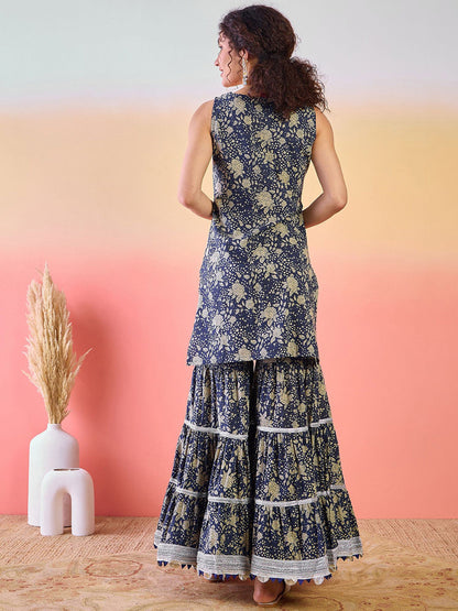 Printed Gotta Patti Square Neck Pure Cotton Anarkali Kurti With Sharara