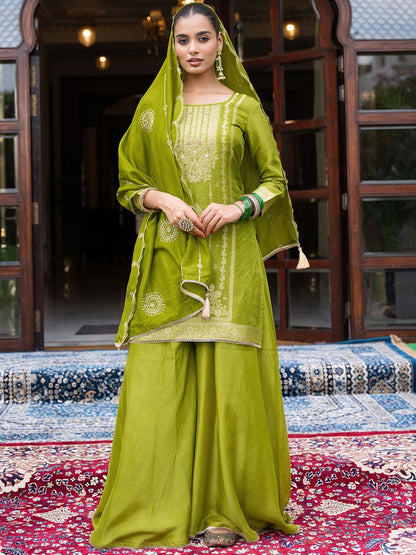 Dhiyona CH Ethnic Motifs Embroidered Thread Work Straight Kurta With Palazzos & Dupatta