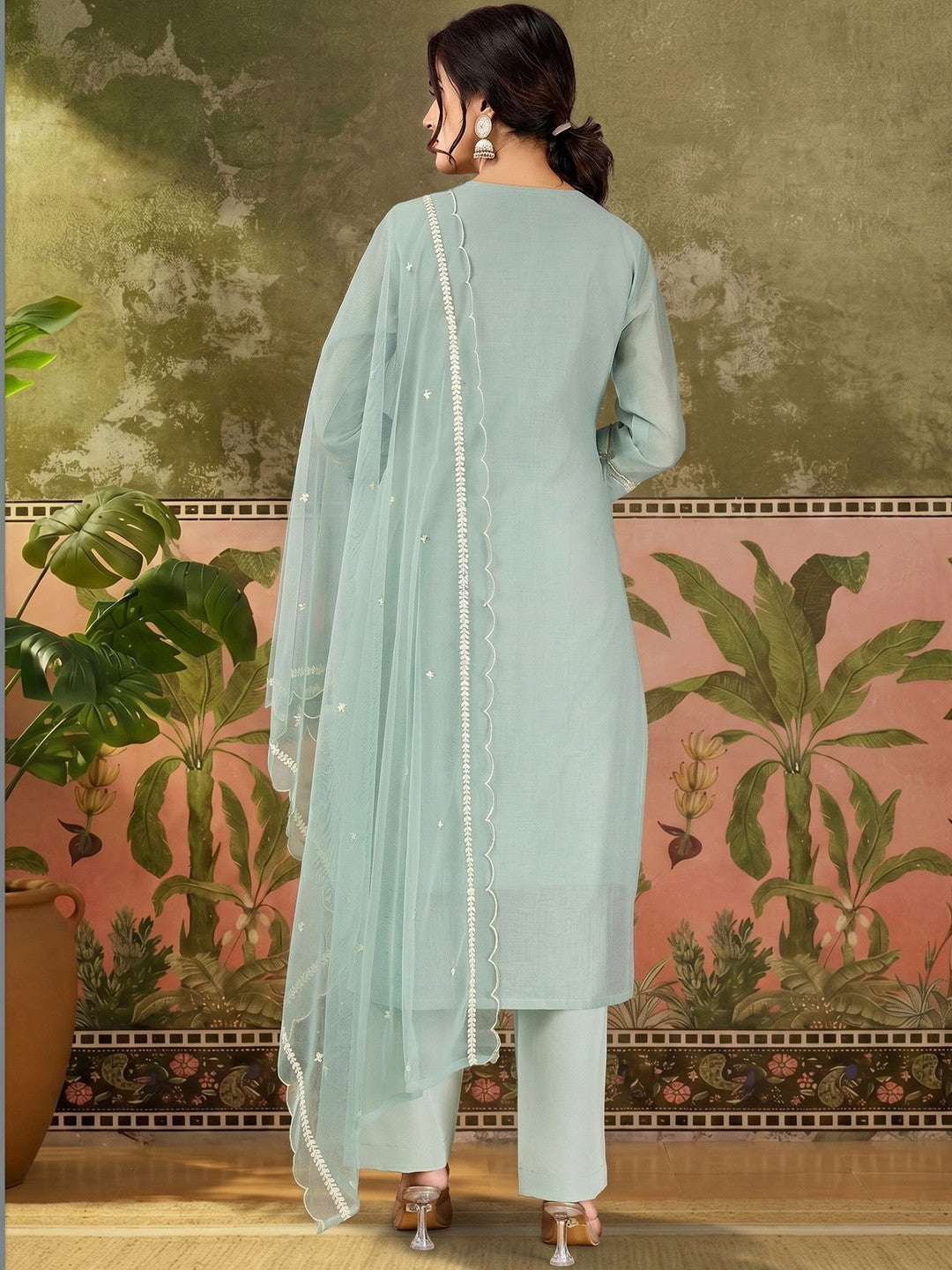 Striped Round Neck Kurta & Trousers With Dupatta