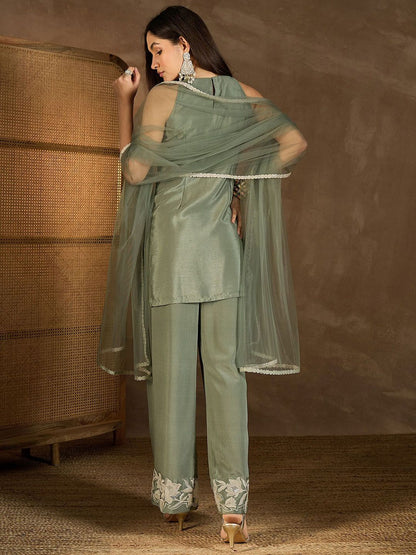 Dhiyona IN Floral Embroidered Round Neck Sequinned Straight Kurta With Palazzos & Dupatta