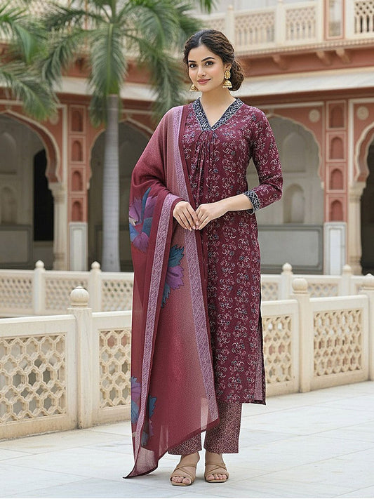 Dhiyona KL Women Floral Printed Pleated Kurta with Trousers & With Dupatta