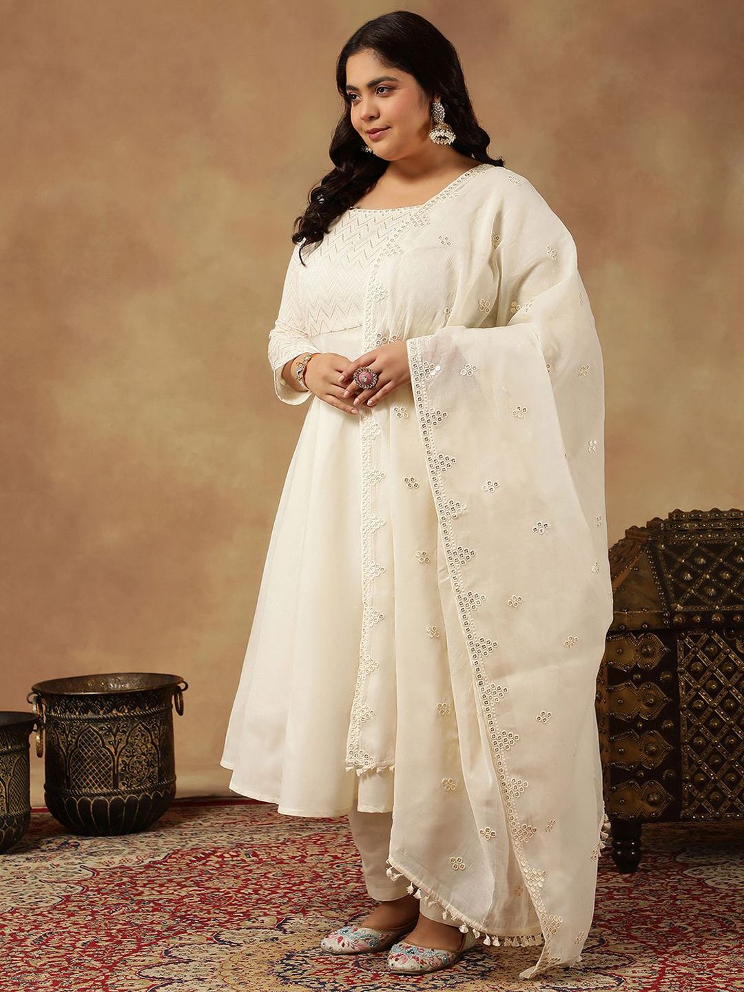 Dhiyona IN Chevron Embroidered Thread Work Anarkali Cotton Kurta with Trouser & Dupatta