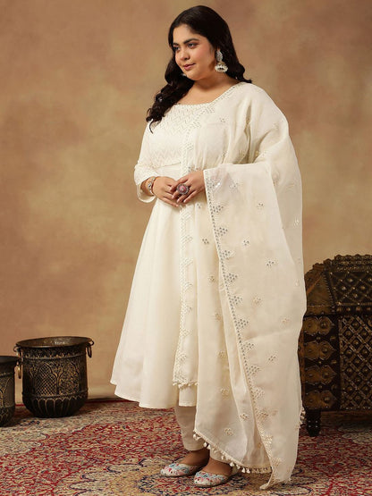 Dhiyona IN Chevron Embroidered Thread Work Anarkali Cotton Kurta with Trouser & Dupatta