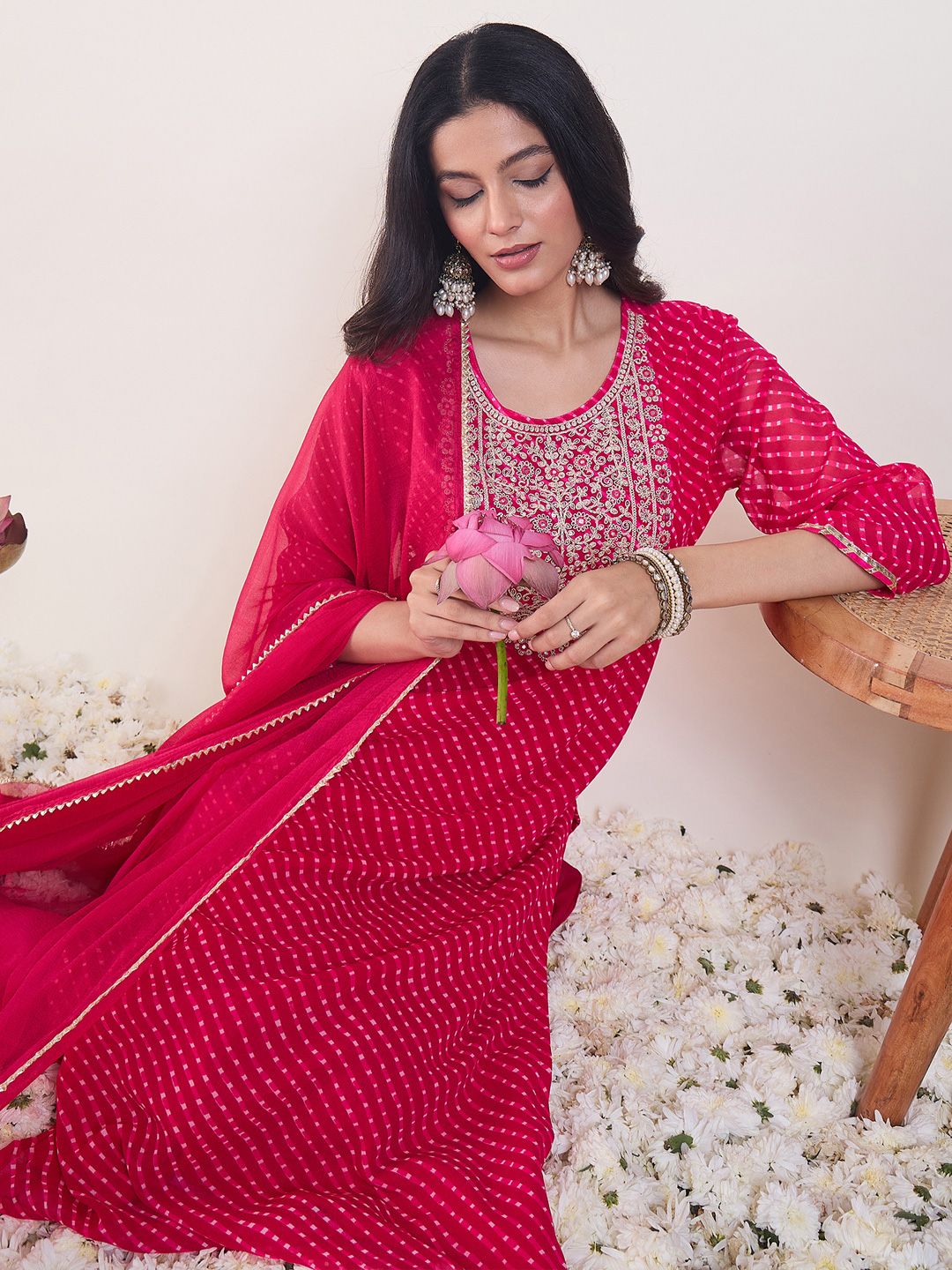 Leheriya Printed Regular Sequinned Kurta With Trousers & Dupatta