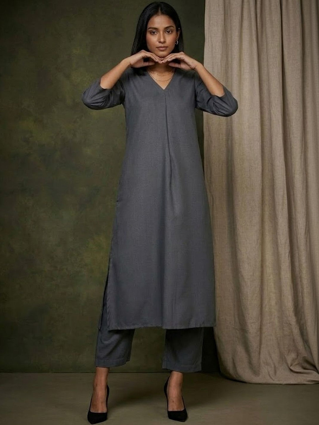 V-Neck A-Line Kurta & Trousers
