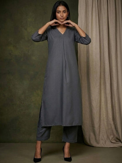 V-Neck A-Line Kurta & Trousers