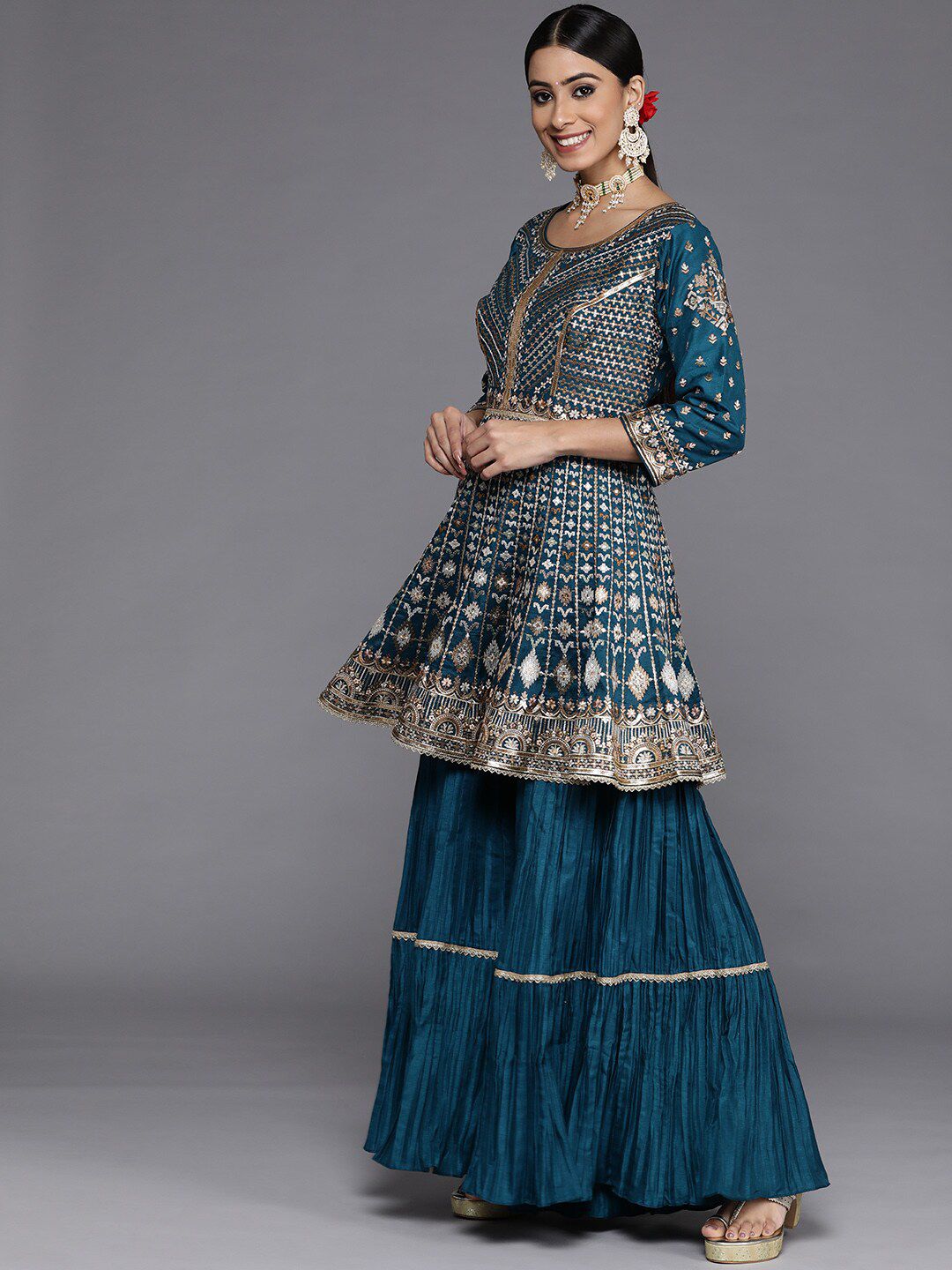 Dhiyona LL Teal & Gold-Toned Embroidered Sequinned Pure Silk Kurta with Sharara & Dupatta