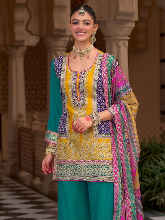Dhiyona IE Floral Embroidered Notch Neck Mirror Work Kurta With Palazzos & Dupatta
