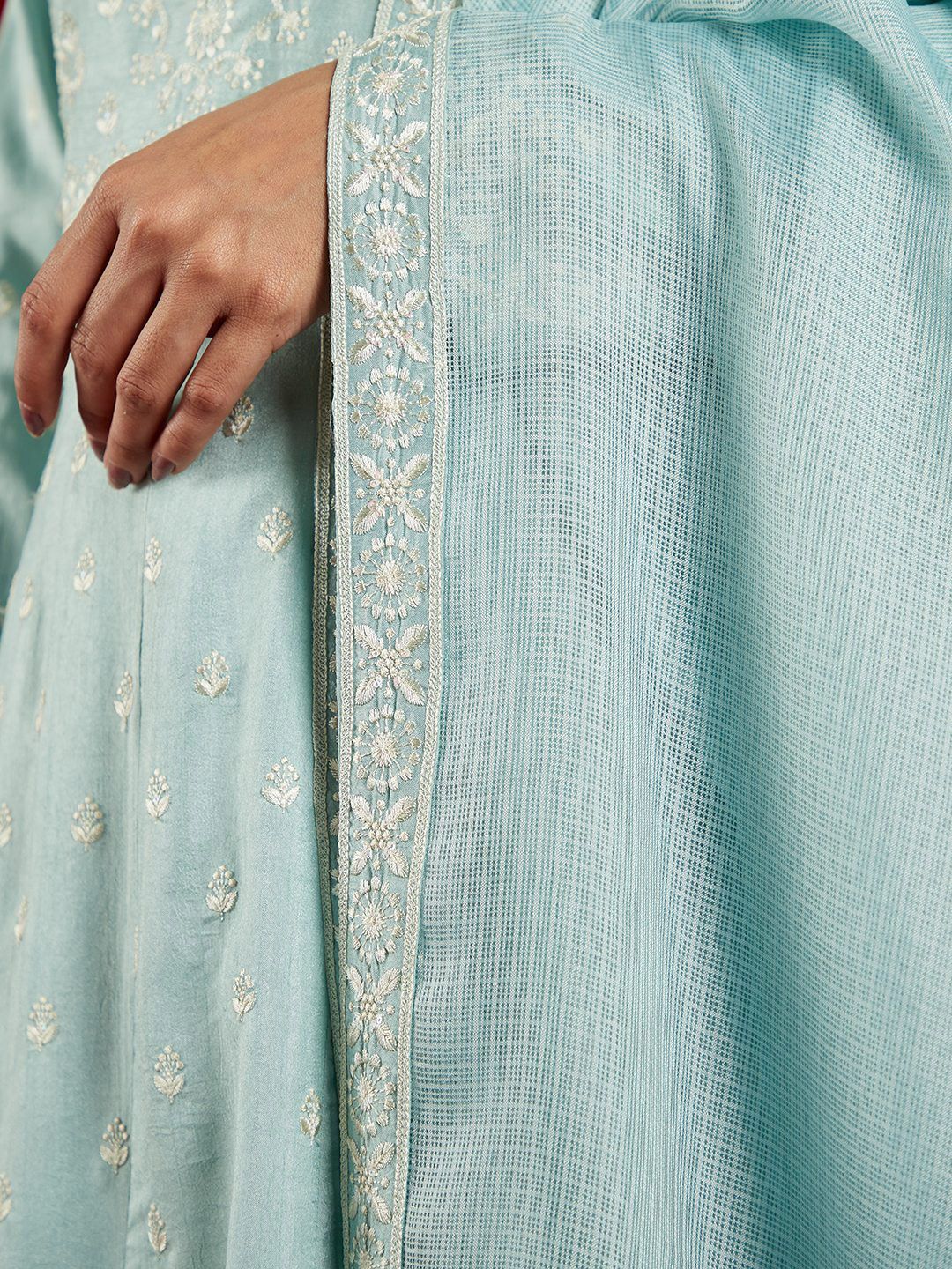 Dhiyona LL Floral Embroidered Panelled Sequinned Pure Silk Kurta with Palazzos & Dupatta