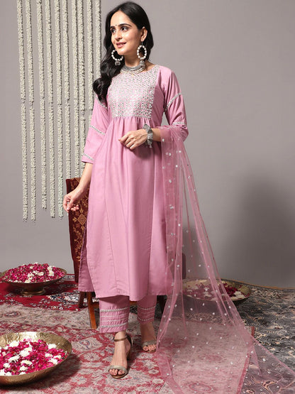 Dhiyona VA Women's Pink & Silver-Toned Yoke Design Kurta with Palazzos & Dupatta