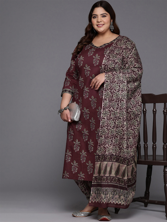 Women's Plus Size Burgundy Printed Straight Kurta Salwar With Dupatta Set