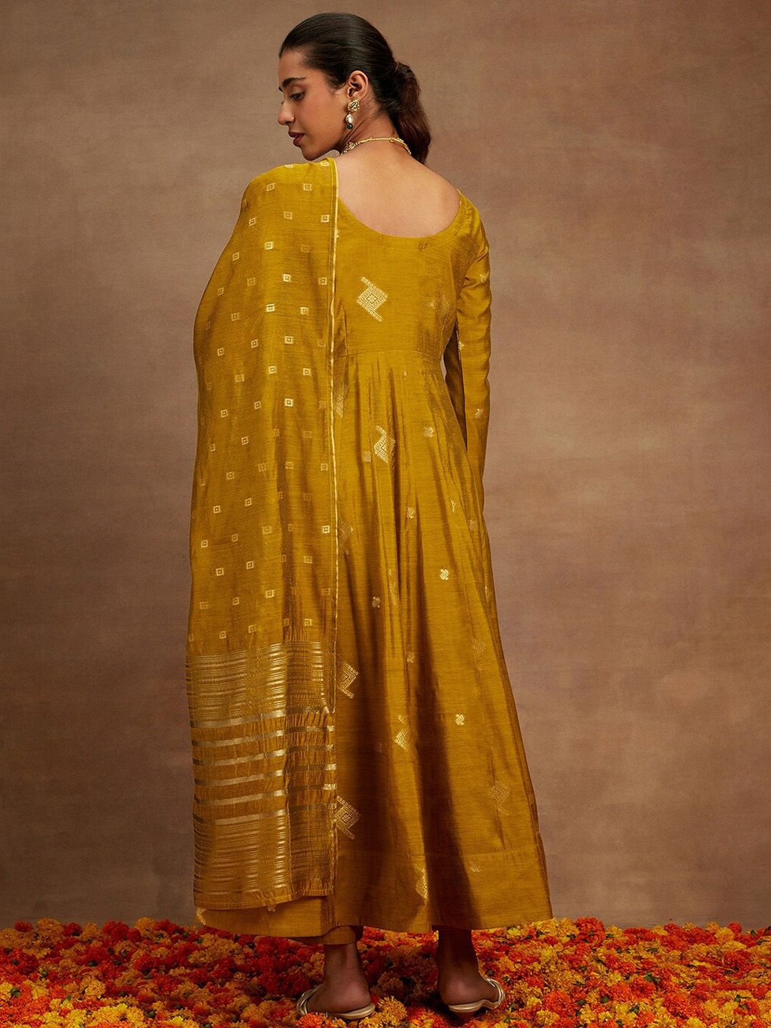 Dhiyona LL Womens Mustard Woven Design Anarkali Kurta With Palazzos & Dupatta
