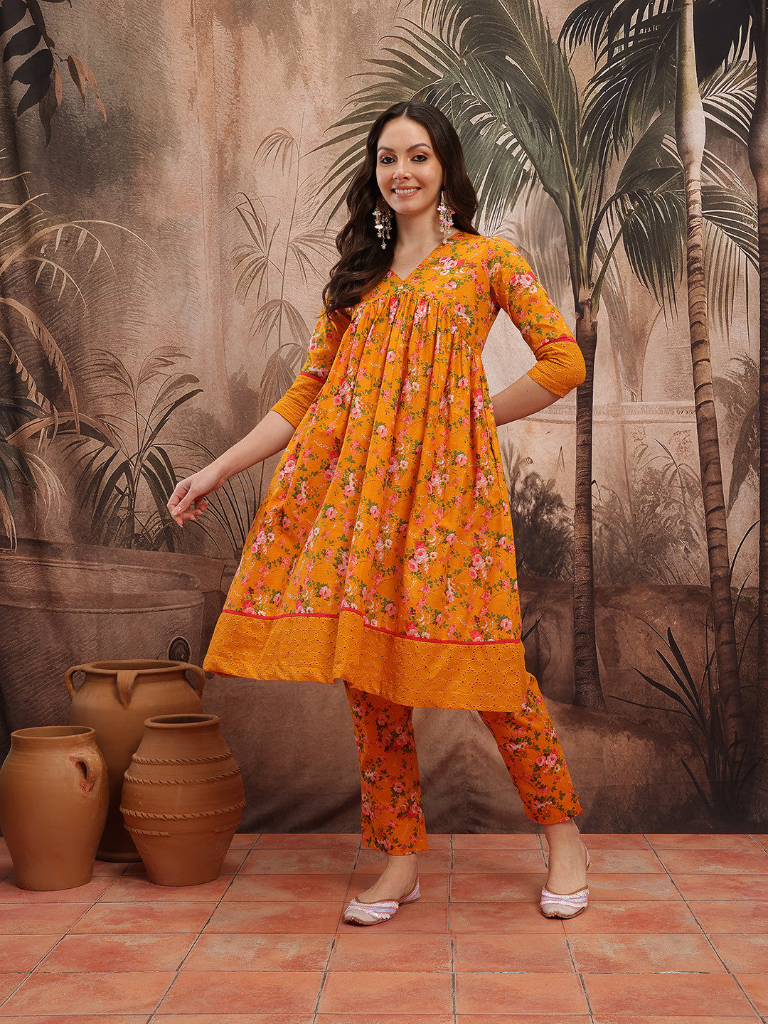 Floral Printed Empire Schiffli Cotton Kurta with Trousers