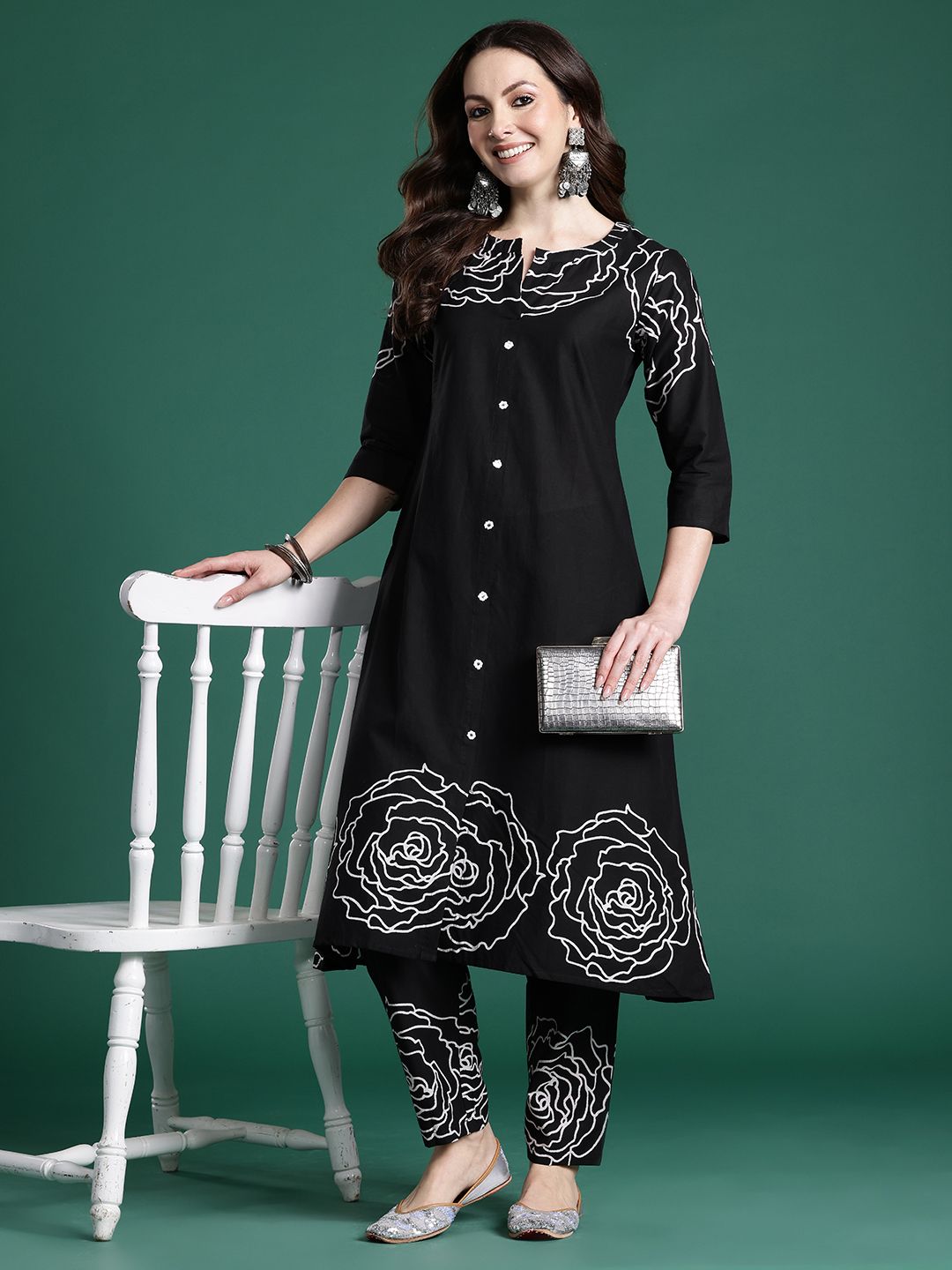 Dhiyona IE Floral Printed Mirror Work Pure Cotton Kurta with Trousers