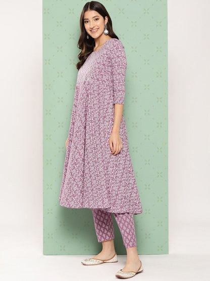 Dhiyona KL Ethnic Motifs Printed Pure Cotton Anarkali Kurta with Trousers & Dupatta