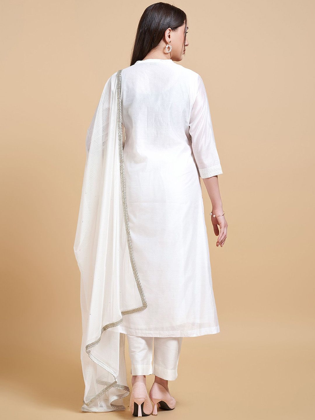 Dhiyona IS Women's Floral Embroidered A-Line Chanderi Silk Kurta with Trousers & Dupatta